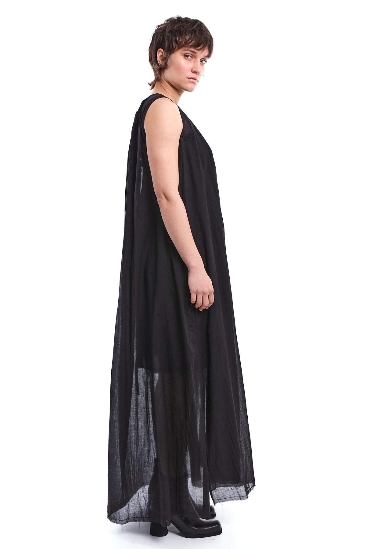 BLACK RAW VOILE MAXI DRESS