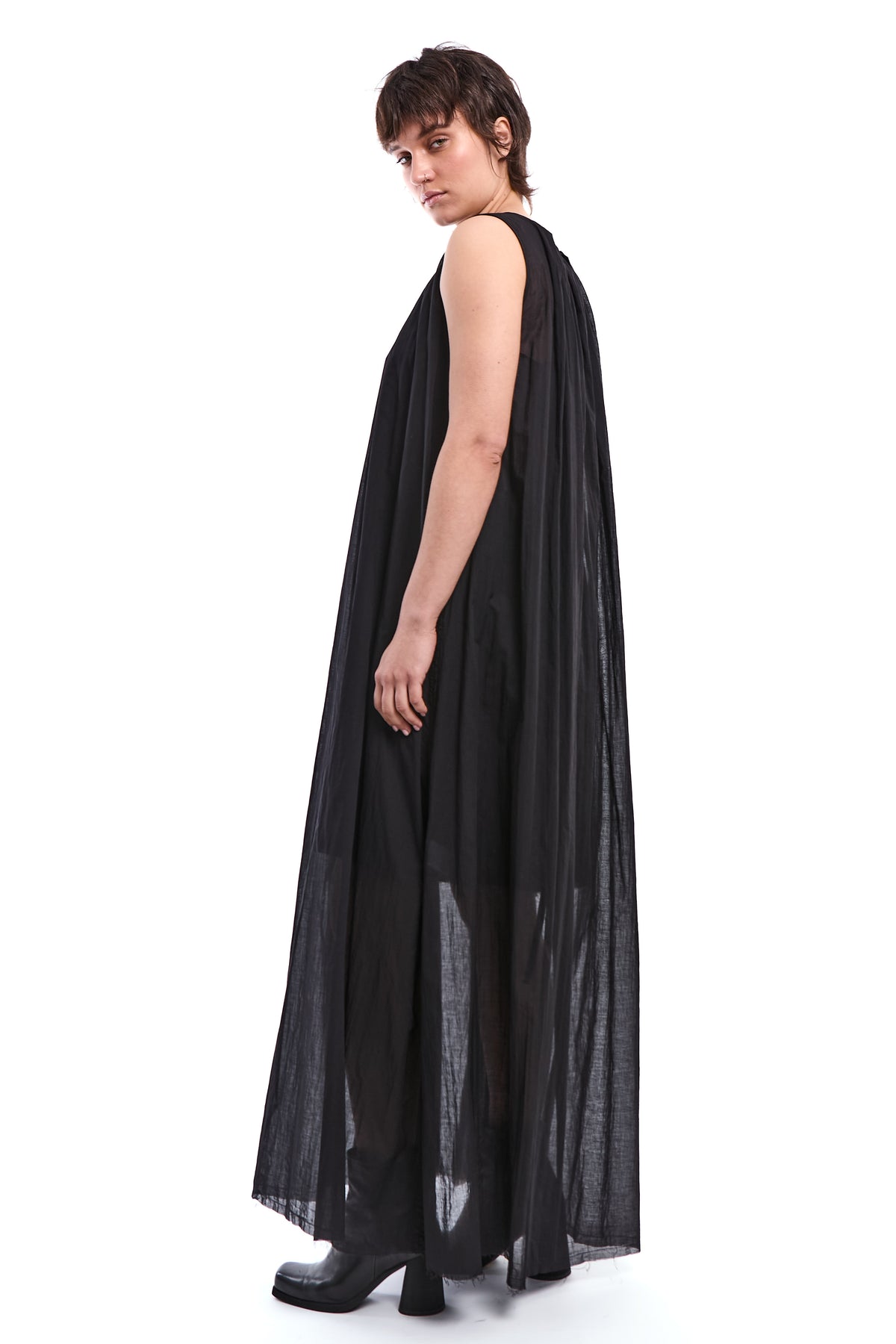 BLACK RAW VOILE MAXI DRESS