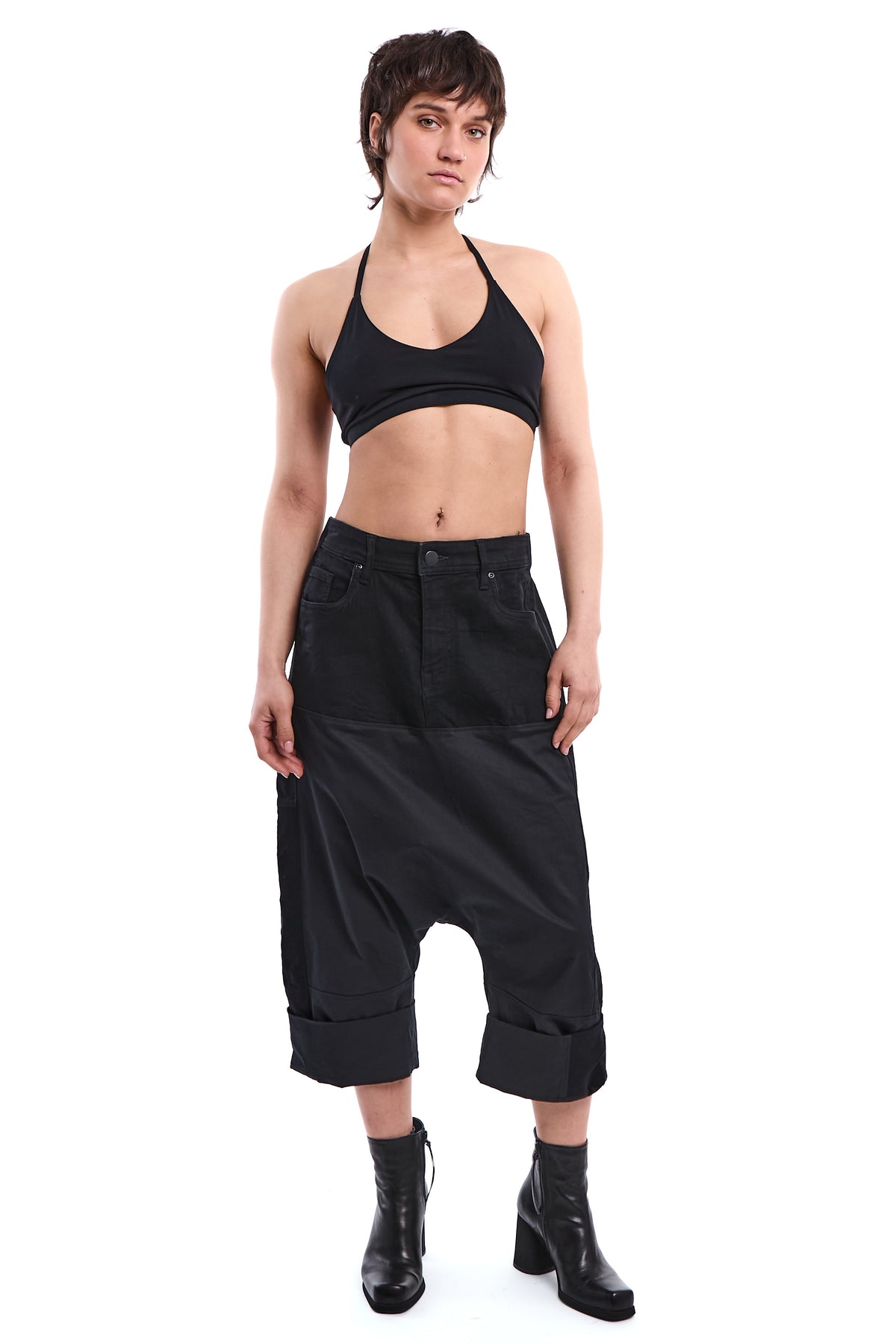 BLACK RECONSTRUCTED DROP-CROTCH PANTS