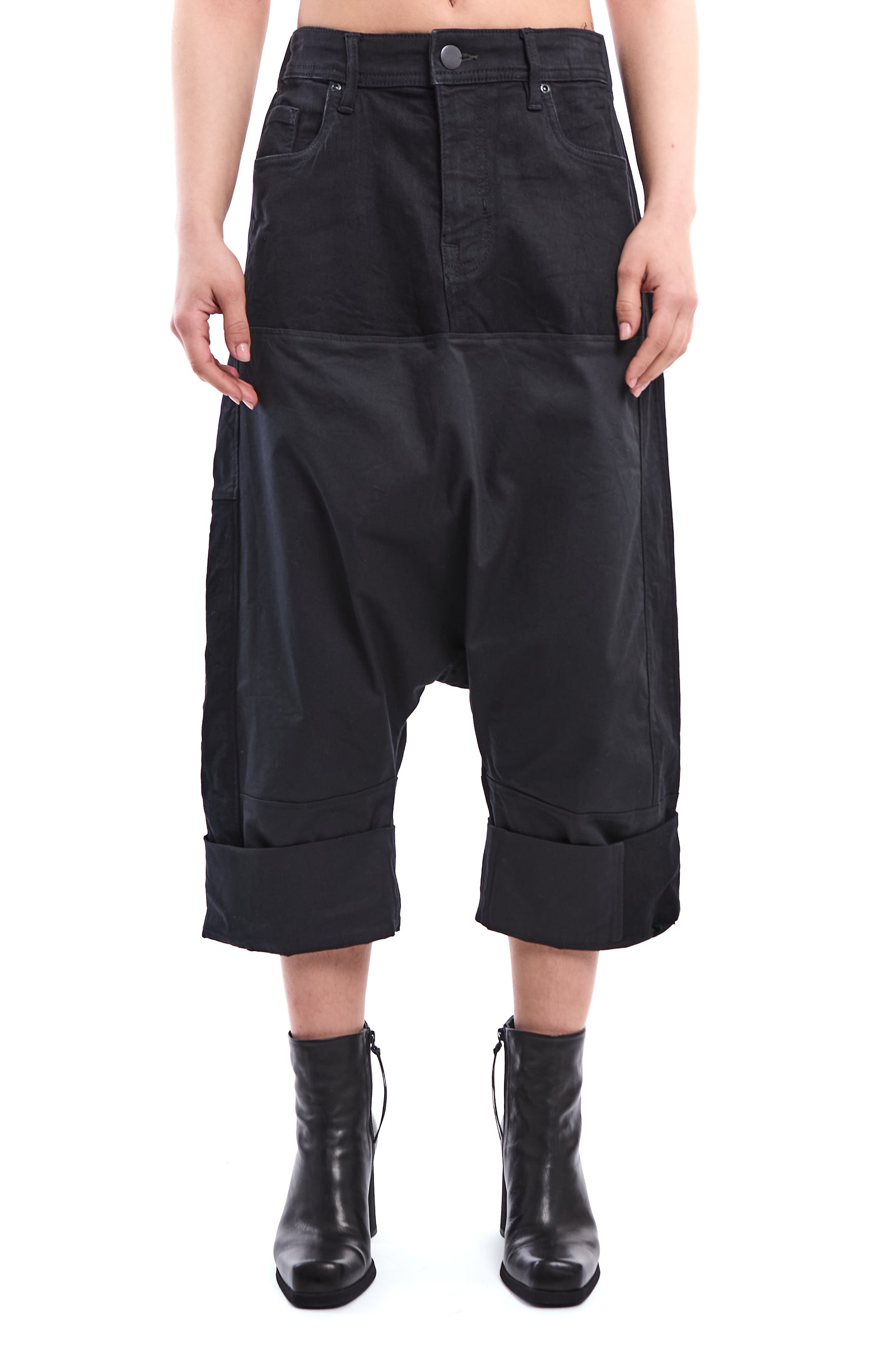 BLACK RECONSTRUCTED DROP-CROTCH PANTS