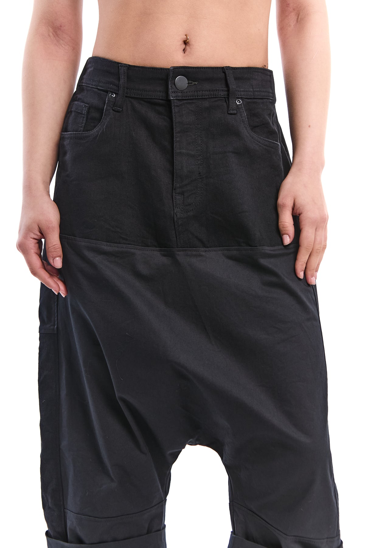 BLACK RECONSTRUCTED DROP-CROTCH PANTS