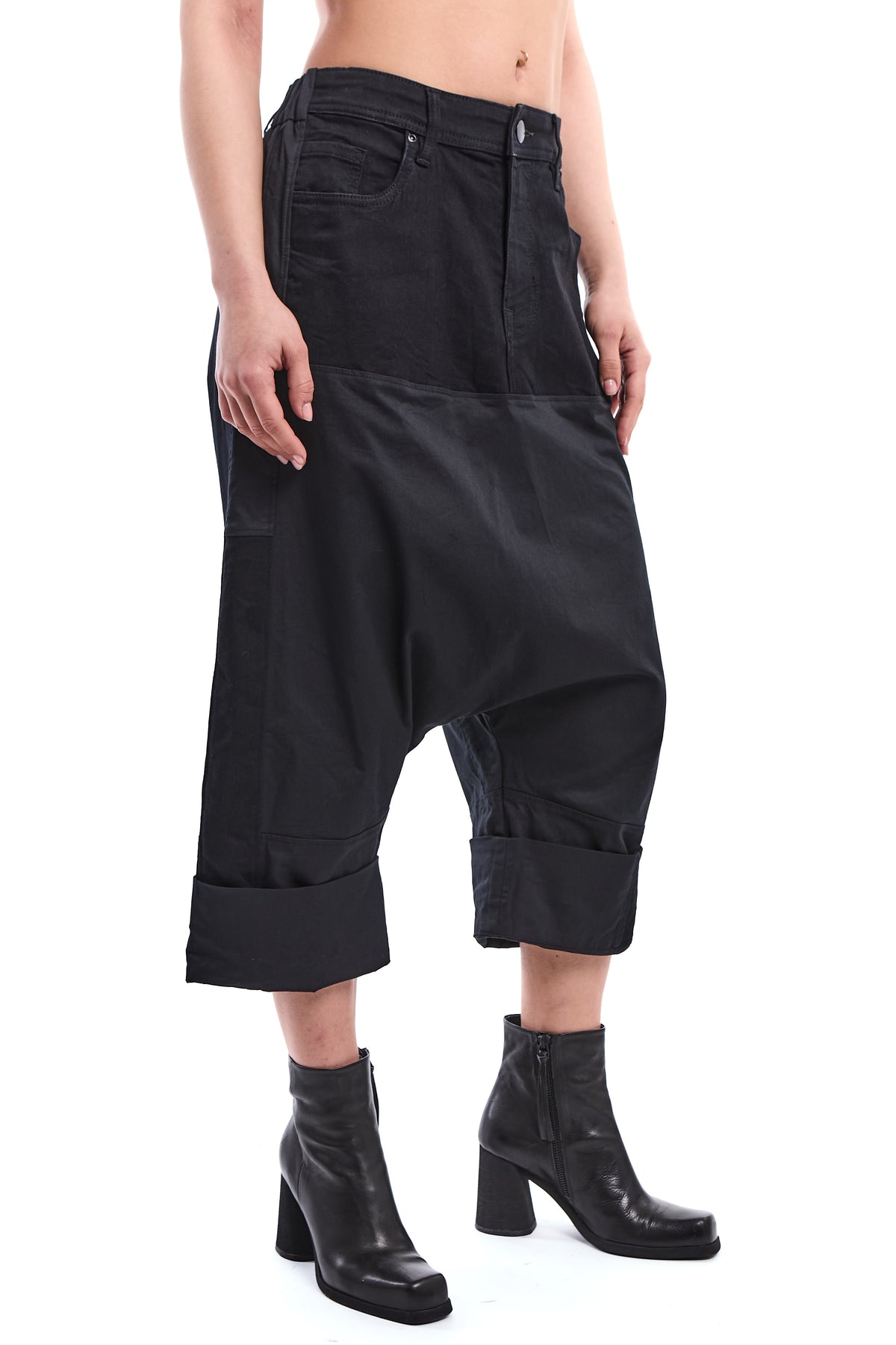 BLACK RECONSTRUCTED DROP-CROTCH PANTS