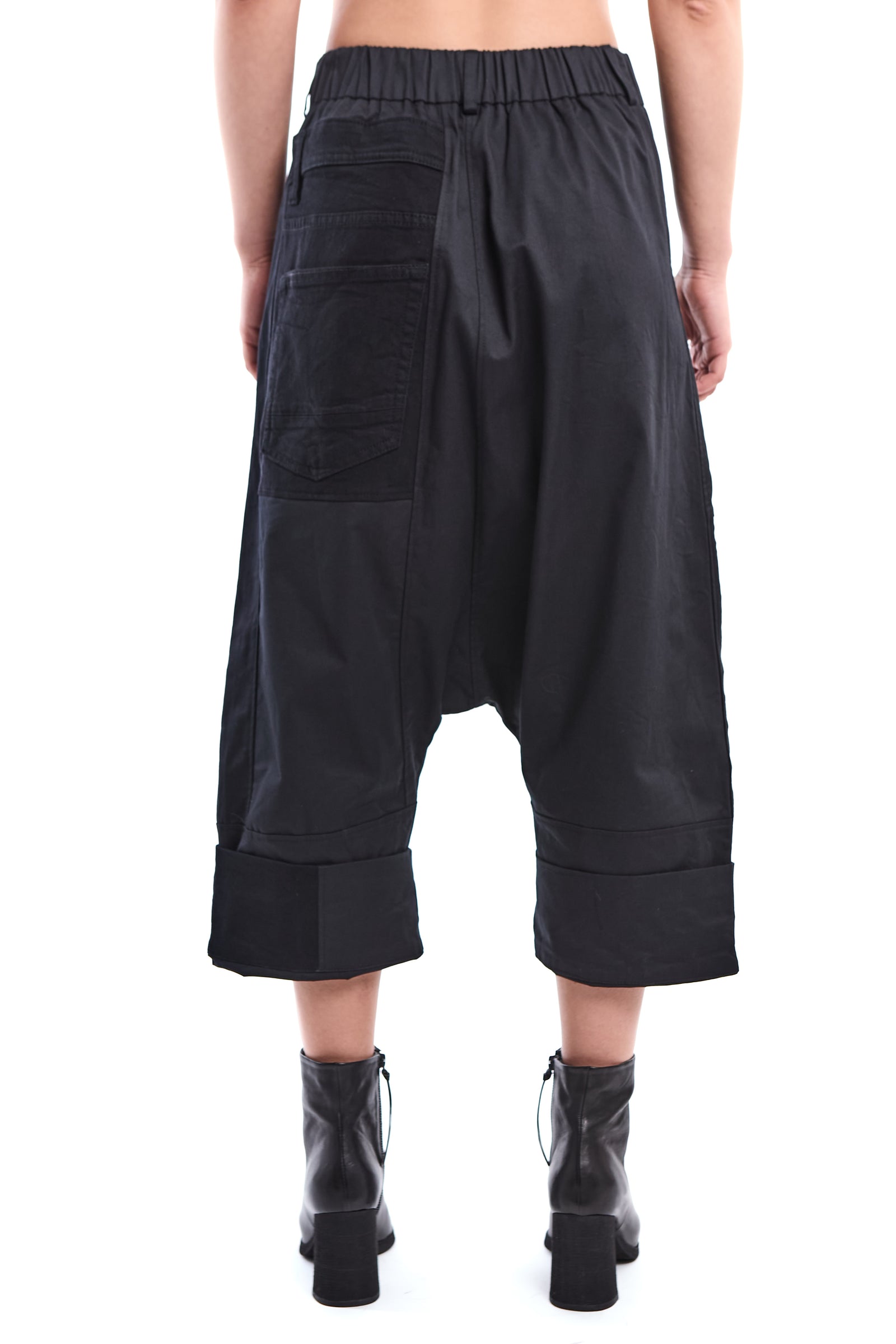 BLACK RECONSTRUCTED DROP-CROTCH PANTS