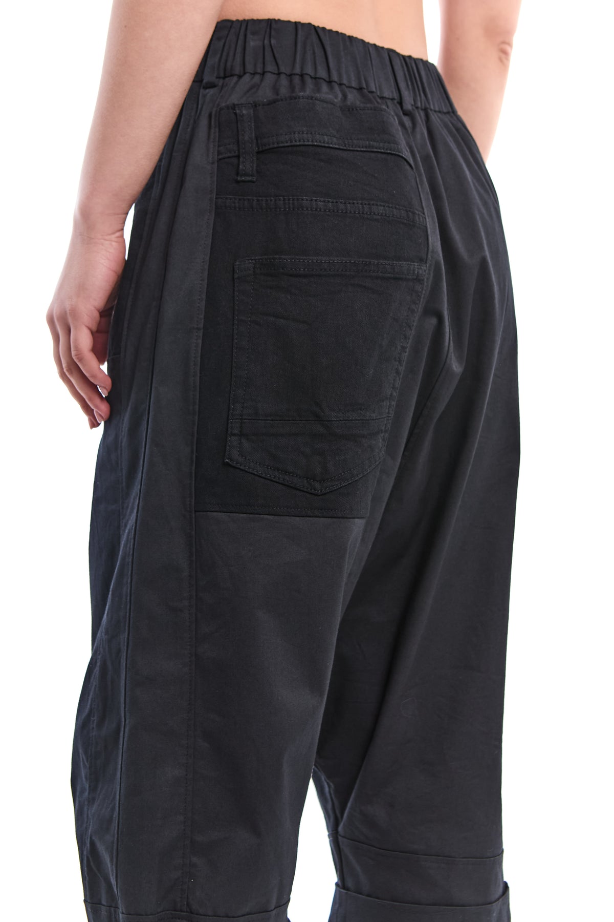 BLACK RECONSTRUCTED DROP-CROTCH PANTS