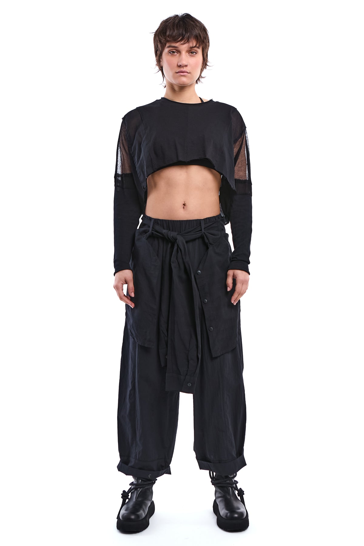 BLACK DETACHABLE SHIRT-PANEL CRINKLE PANTS