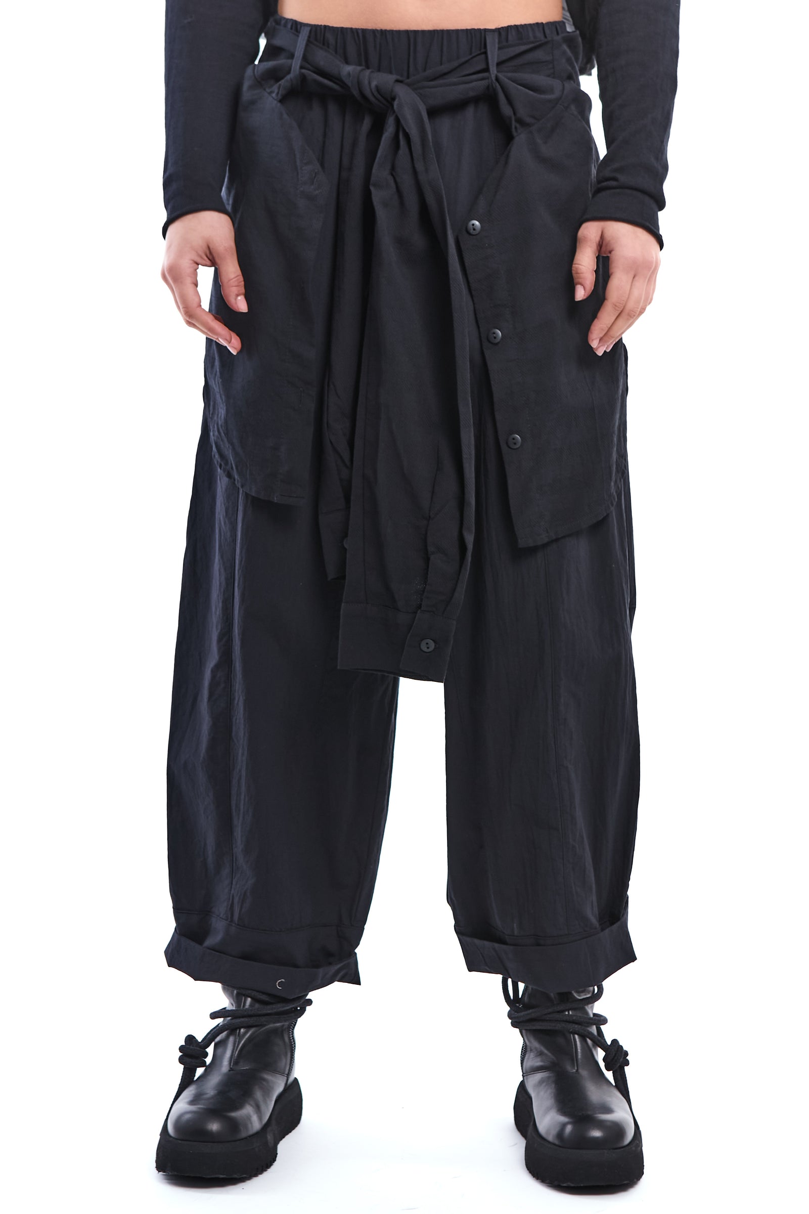 BLACK DETACHABLE SHIRT-PANEL CRINKLE PANTS