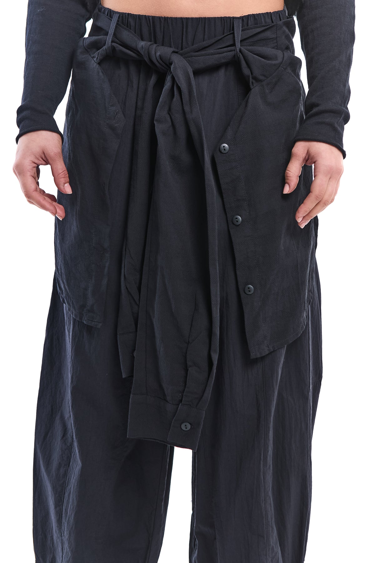 BLACK DETACHABLE SHIRT-PANEL CRINKLE PANTS