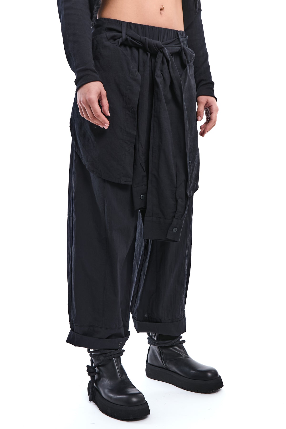 BLACK DETACHABLE SHIRT-PANEL CRINKLE PANTS