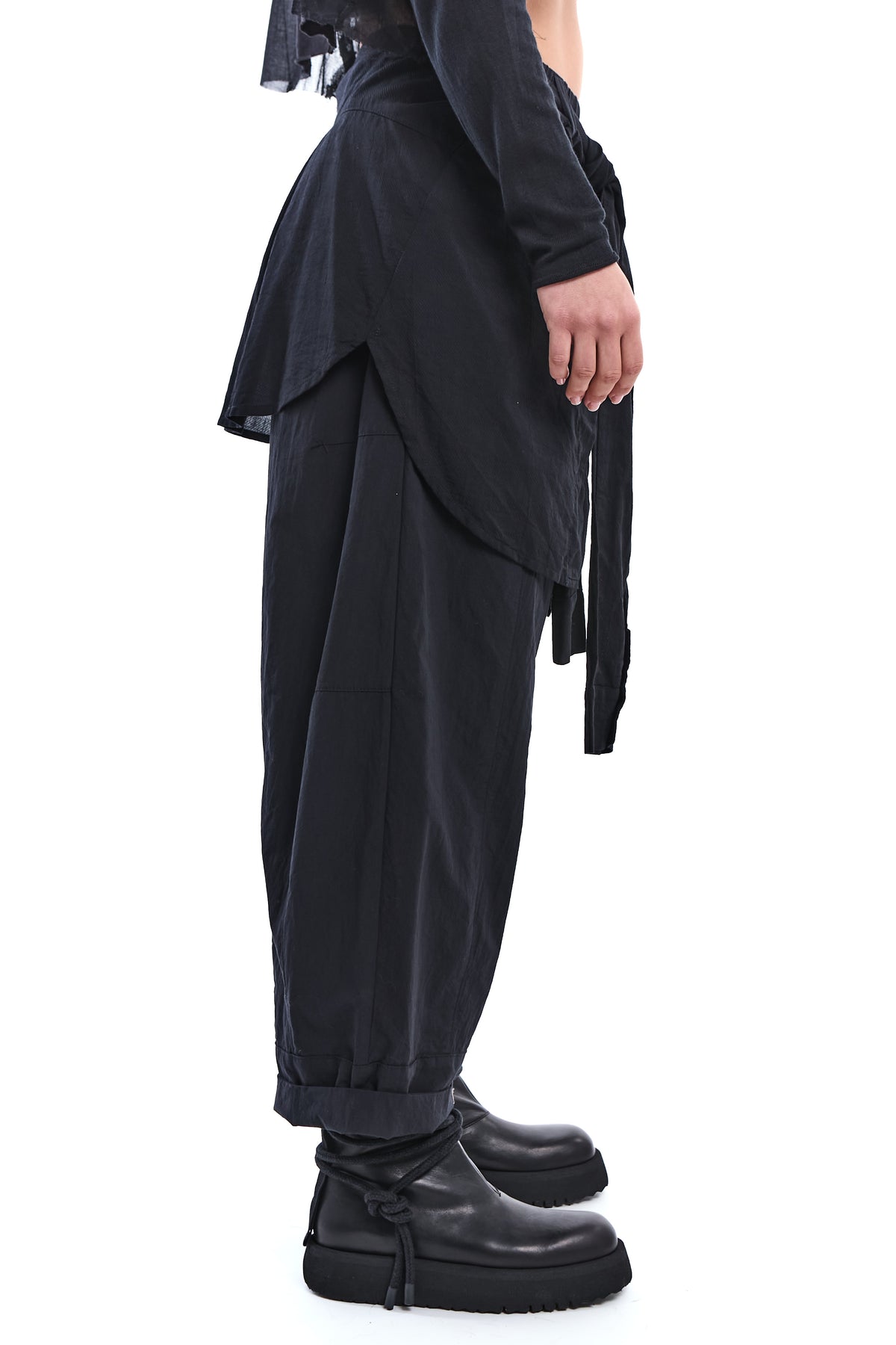BLACK DETACHABLE SHIRT-PANEL CRINKLE PANTS