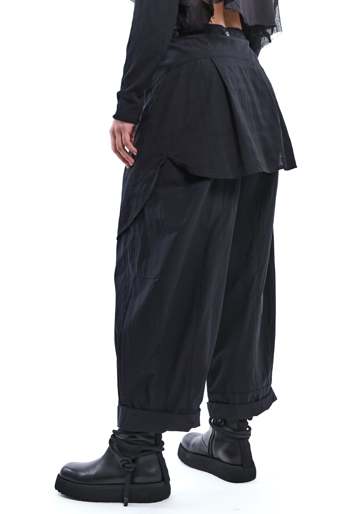 BLACK DETACHABLE SHIRT-PANEL CRINKLE PANTS