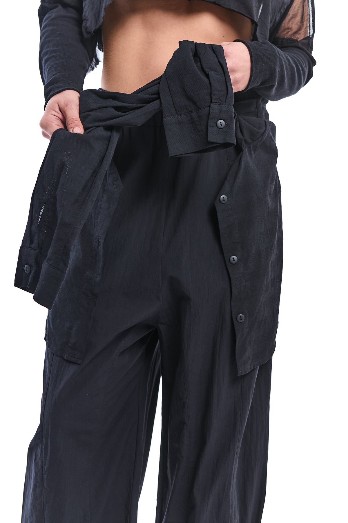 BLACK DETACHABLE SHIRT-PANEL CRINKLE PANTS