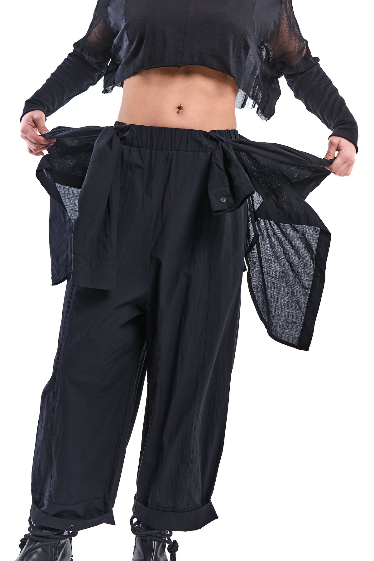 BLACK DETACHABLE SHIRT-PANEL CRINKLE PANTS