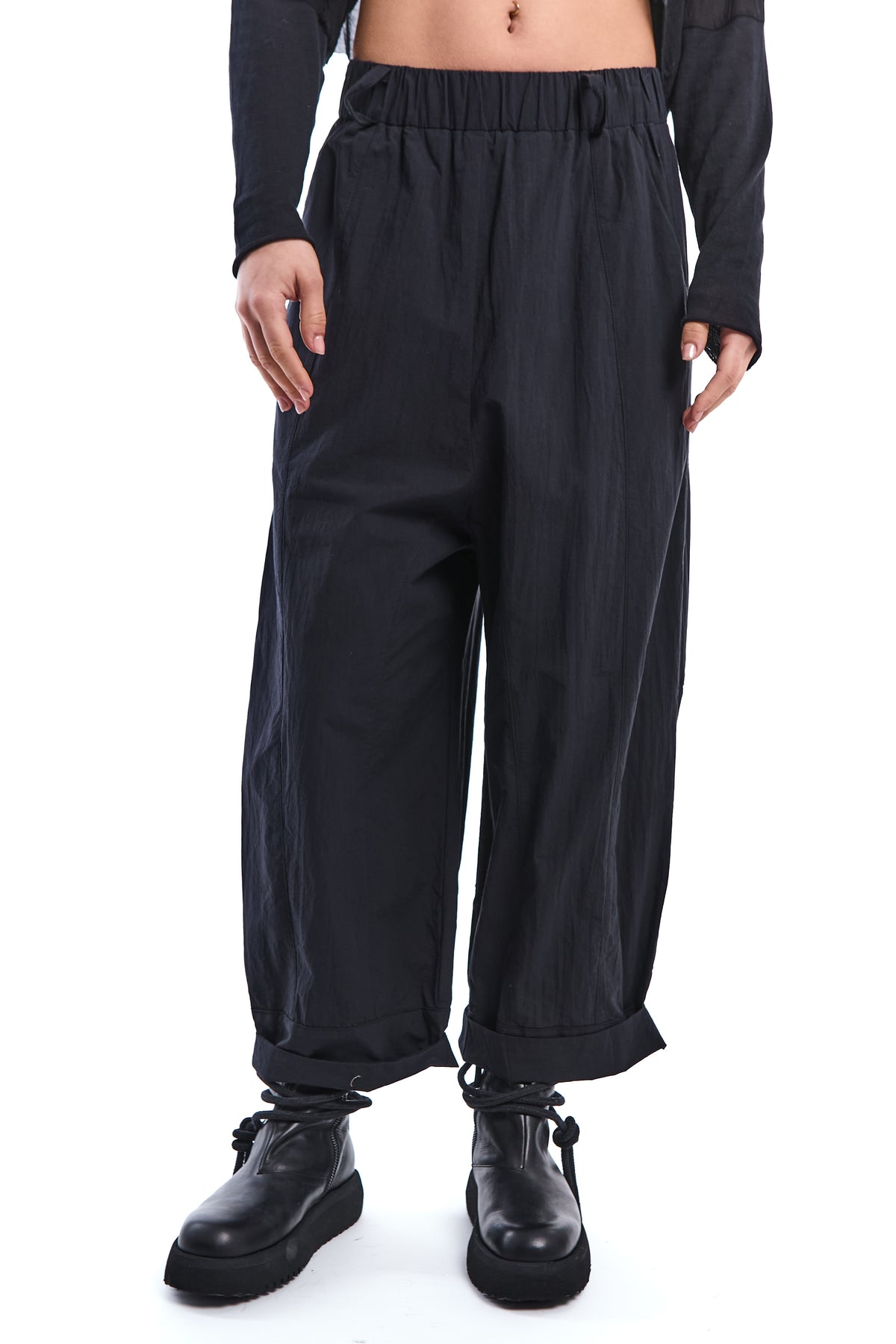 BLACK DETACHABLE SHIRT-PANEL CRINKLE PANTS