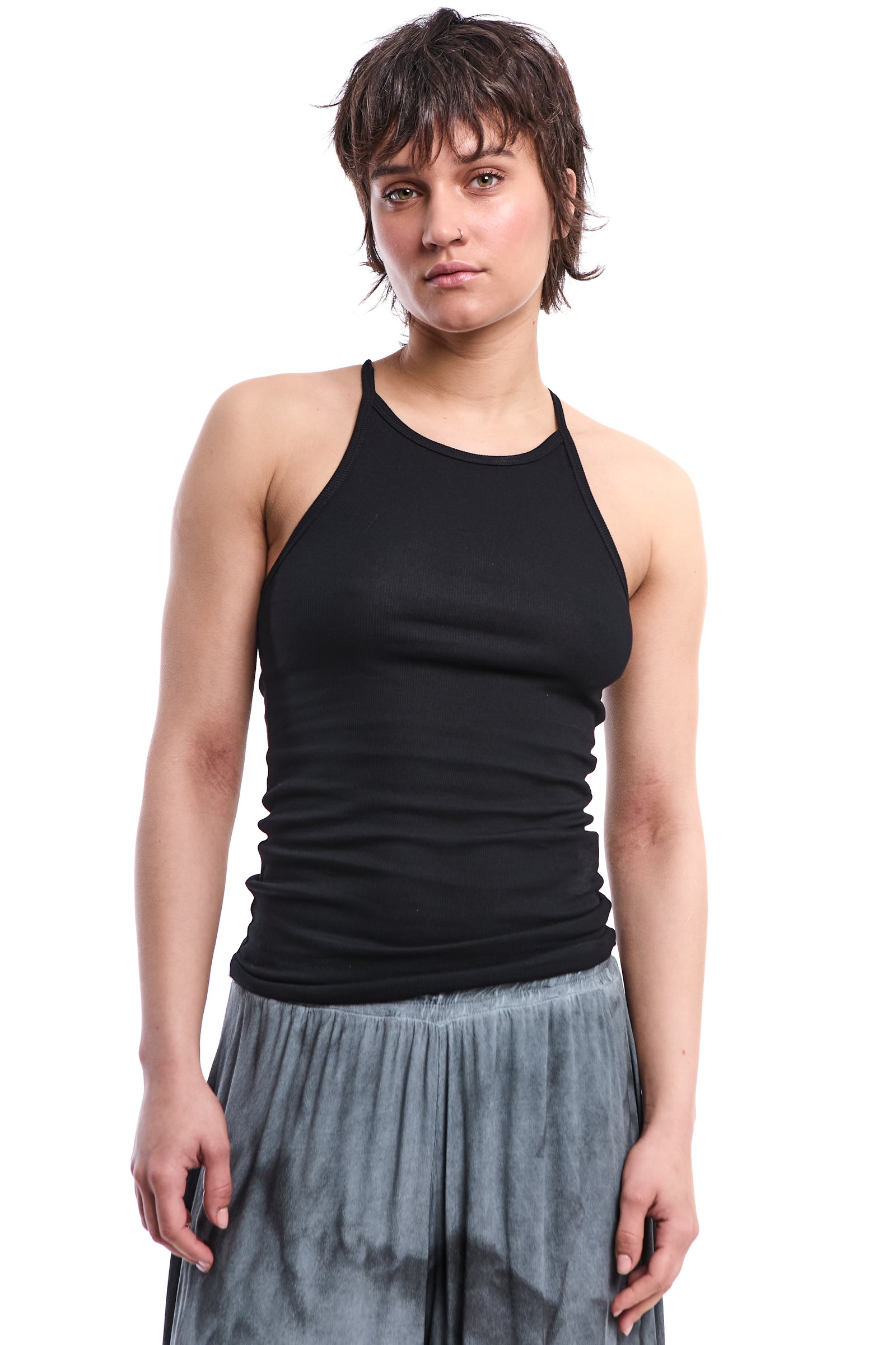 BLACK RACERBACK RAW-EDGE RIBBED TANK