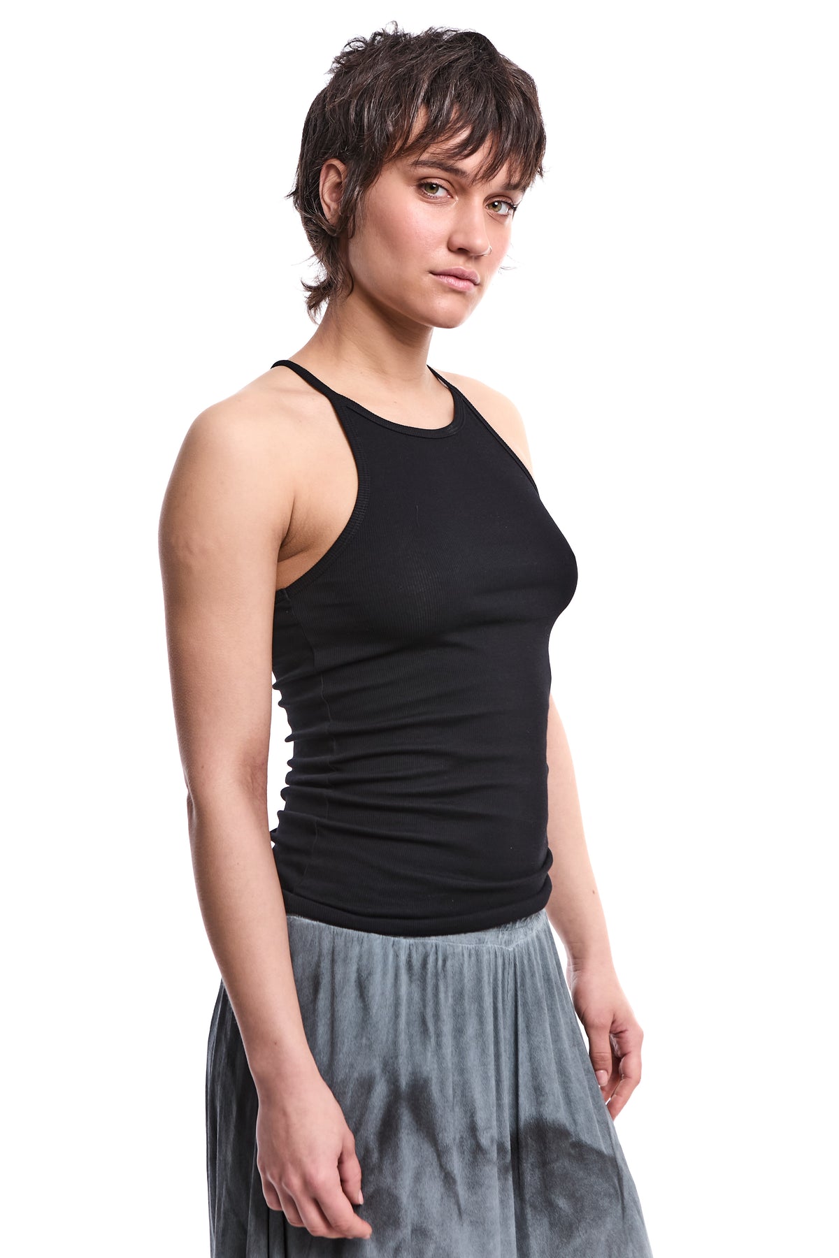 BLACK RACERBACK RAW-EDGE RIBBED TANK