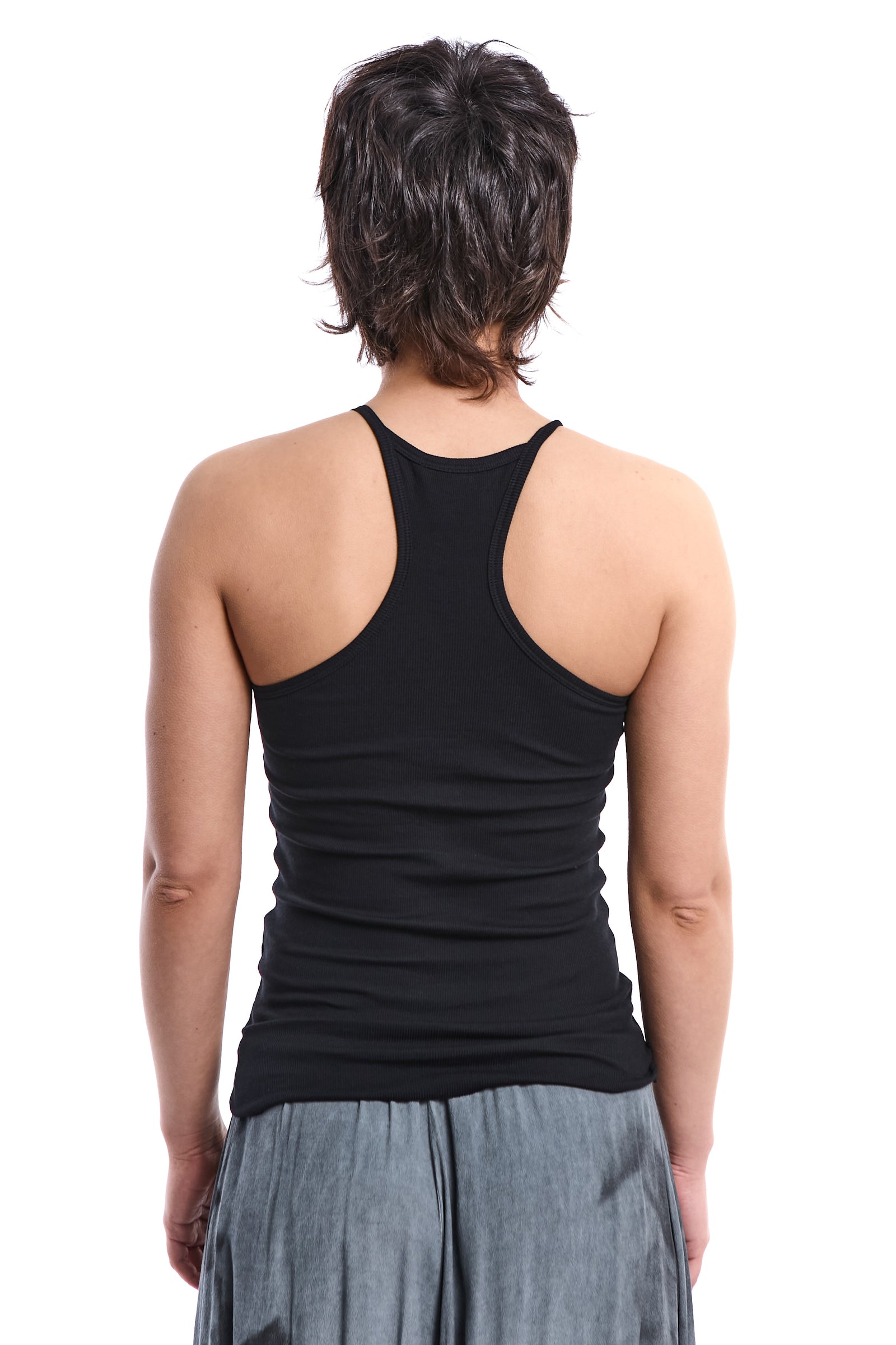BLACK RACERBACK RAW-EDGE RIBBED TANK