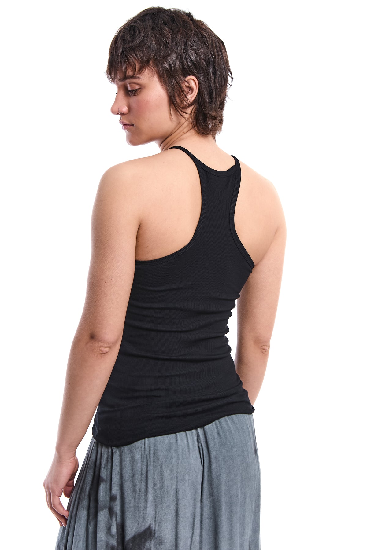 BLACK RACERBACK RAW-EDGE RIBBED TANK