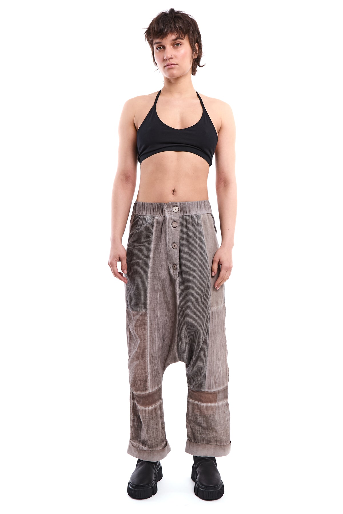 SAND PATCHWORK BAMBOO-LINEN BLEND PANTS