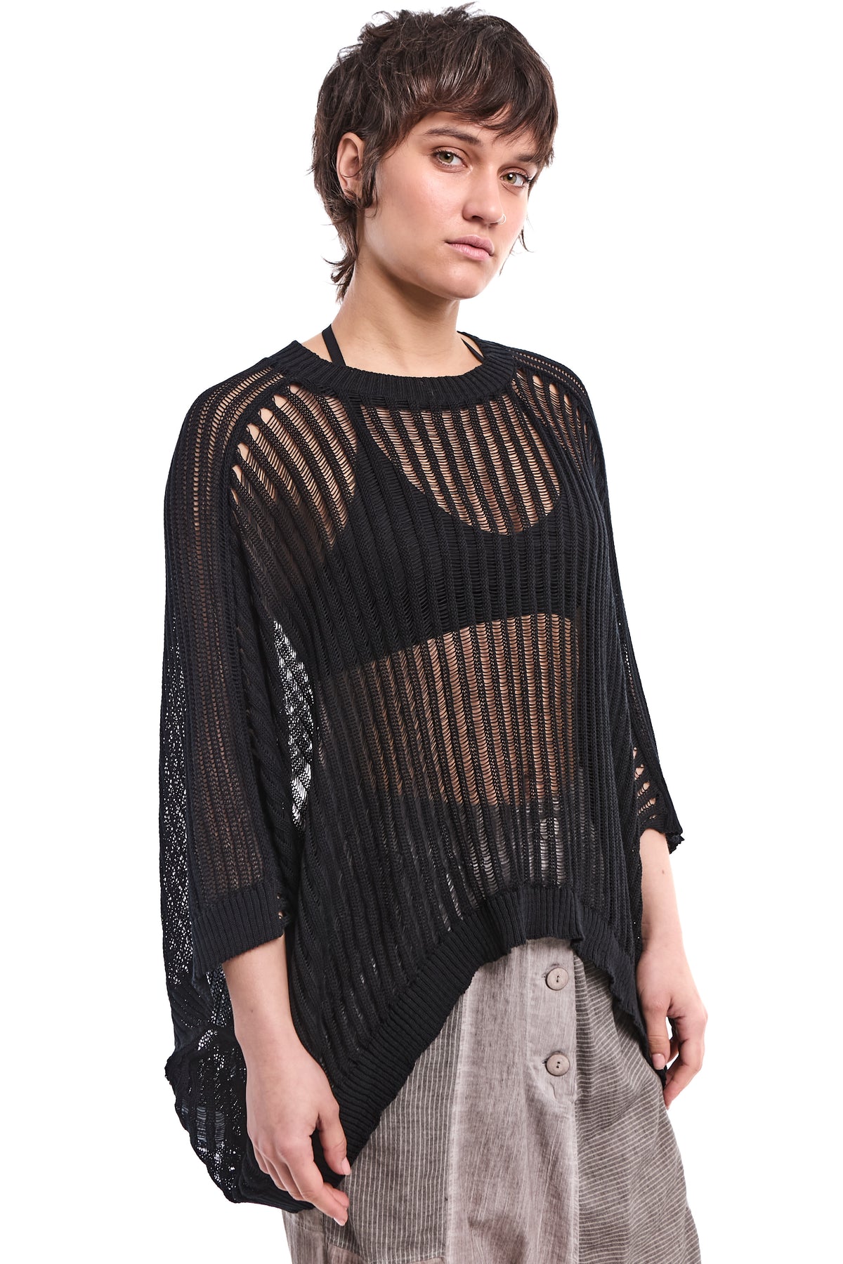 BLACK LOOSE-KNIT OVERSIZED COTTON SWEATER