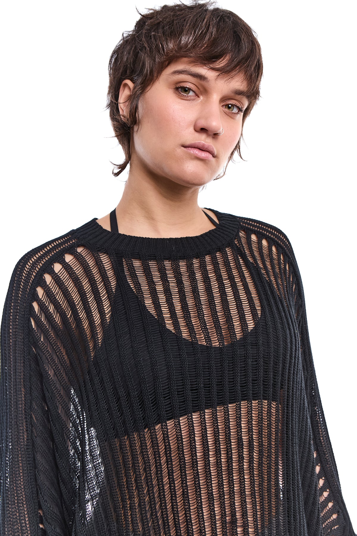 BLACK LOOSE-KNIT OVERSIZED COTTON SWEATER