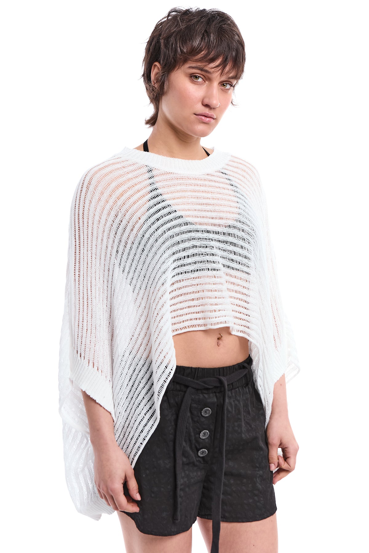 WHITE LOOSE-KNIT OVERSIZED COTTON SWEATER