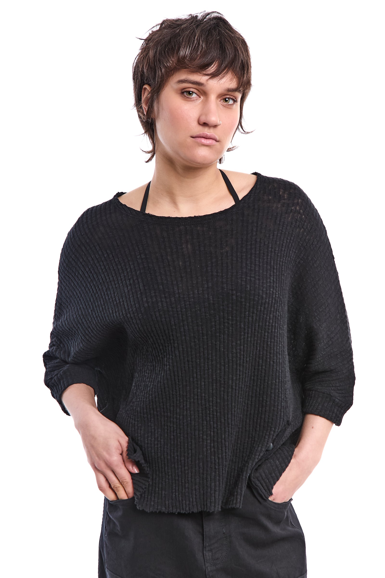 SLOUCHY BUTTON-SLIT COTTON KNIT