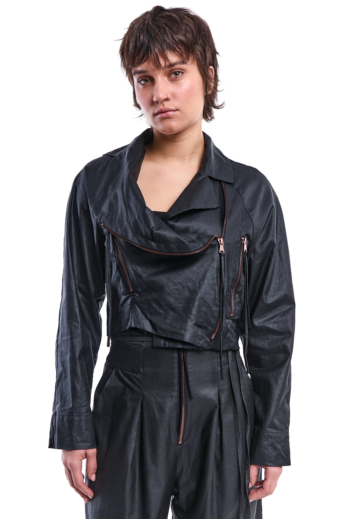WAXED ASYMMETRIC LINEN-BAMBOO JACKET