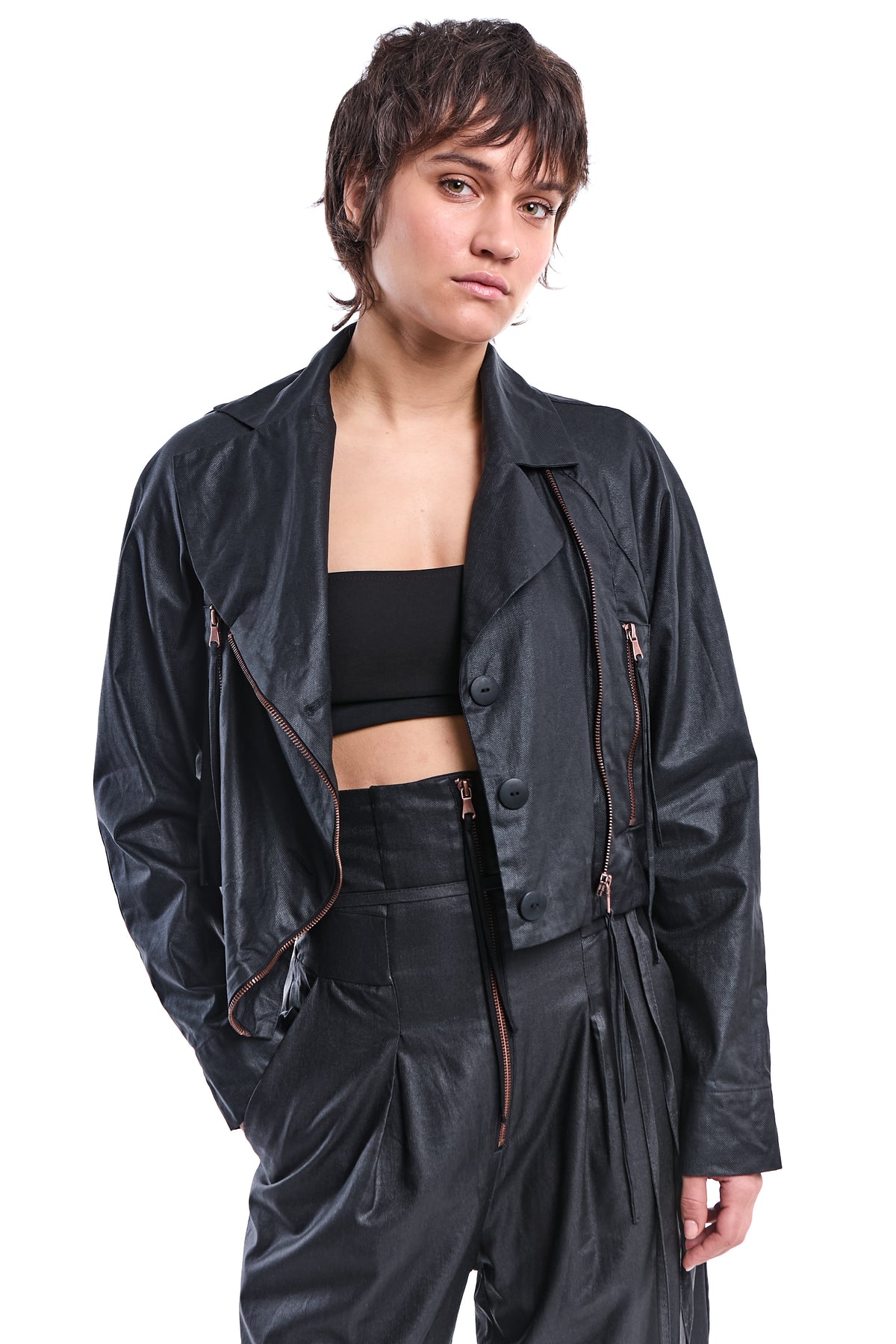 WAXED ASYMMETRIC LINEN-BAMBOO JACKET