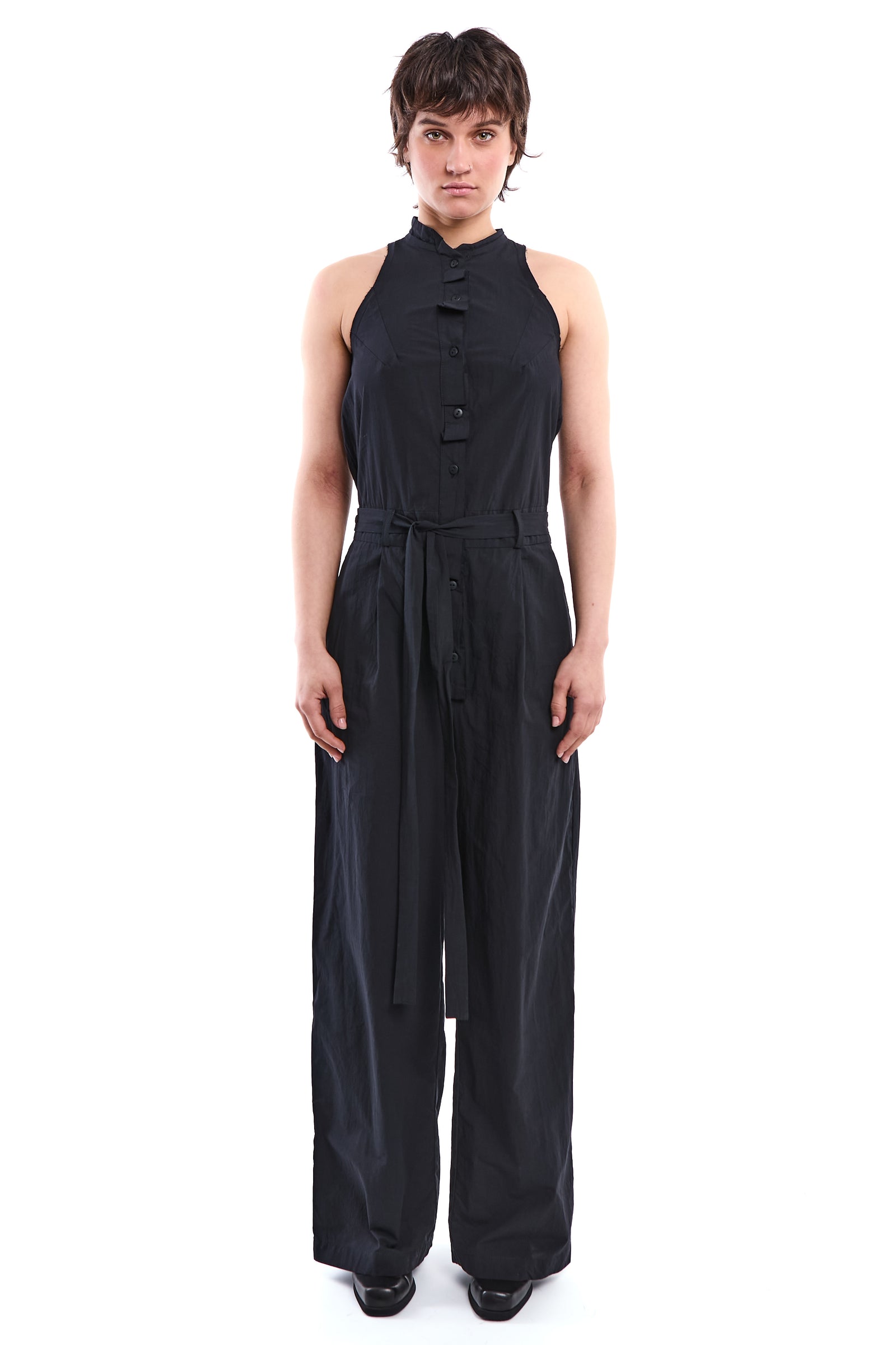 CRINKLE-COTTON BAND-COLLAR JUMPSUIT