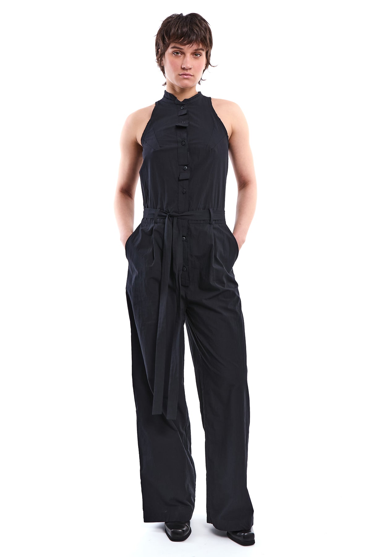 CRINKLE-COTTON BAND-COLLAR JUMPSUIT