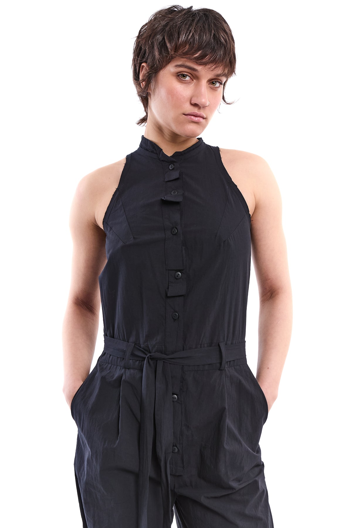 CRINKLE-COTTON BAND-COLLAR JUMPSUIT