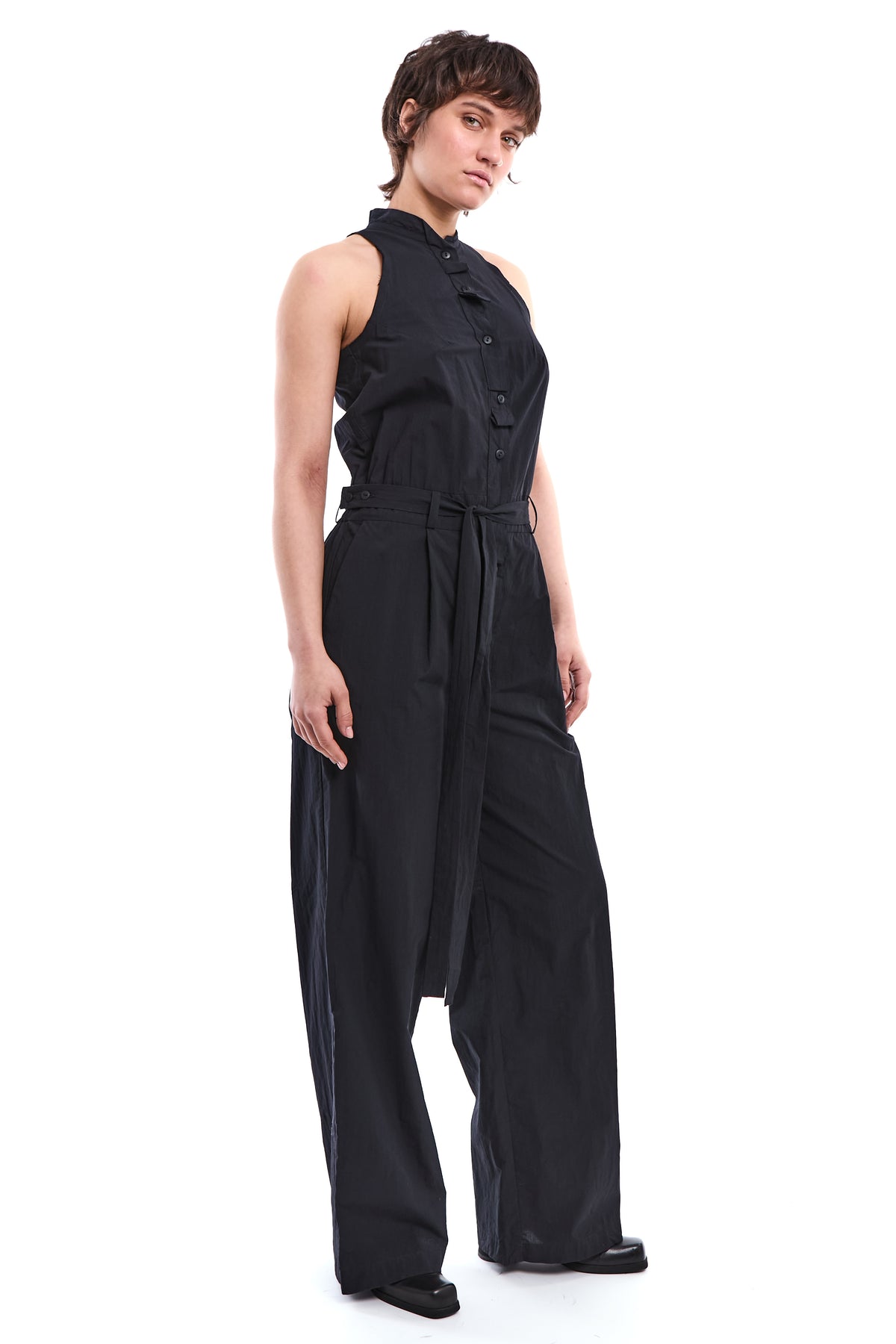 CRINKLE-COTTON BAND-COLLAR JUMPSUIT