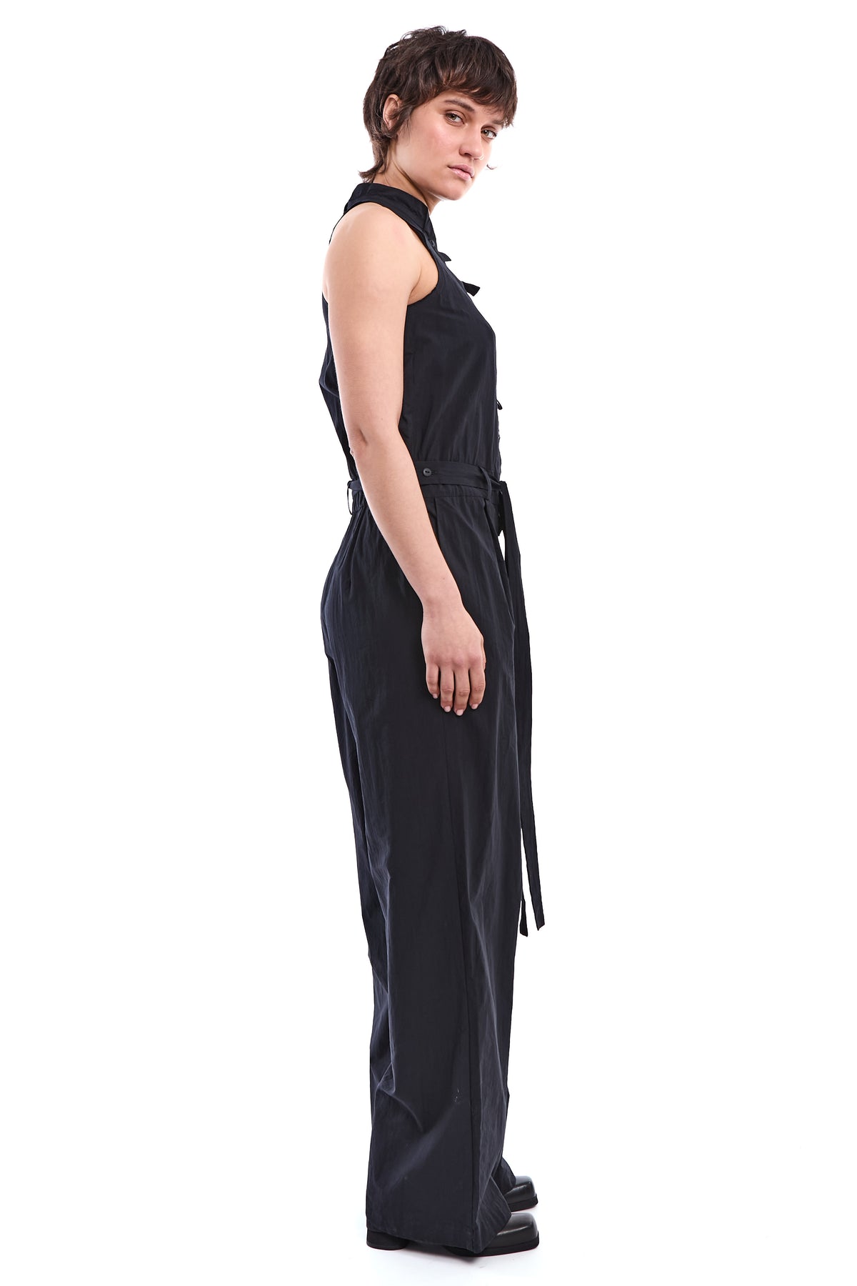 CRINKLE-COTTON BAND-COLLAR JUMPSUIT
