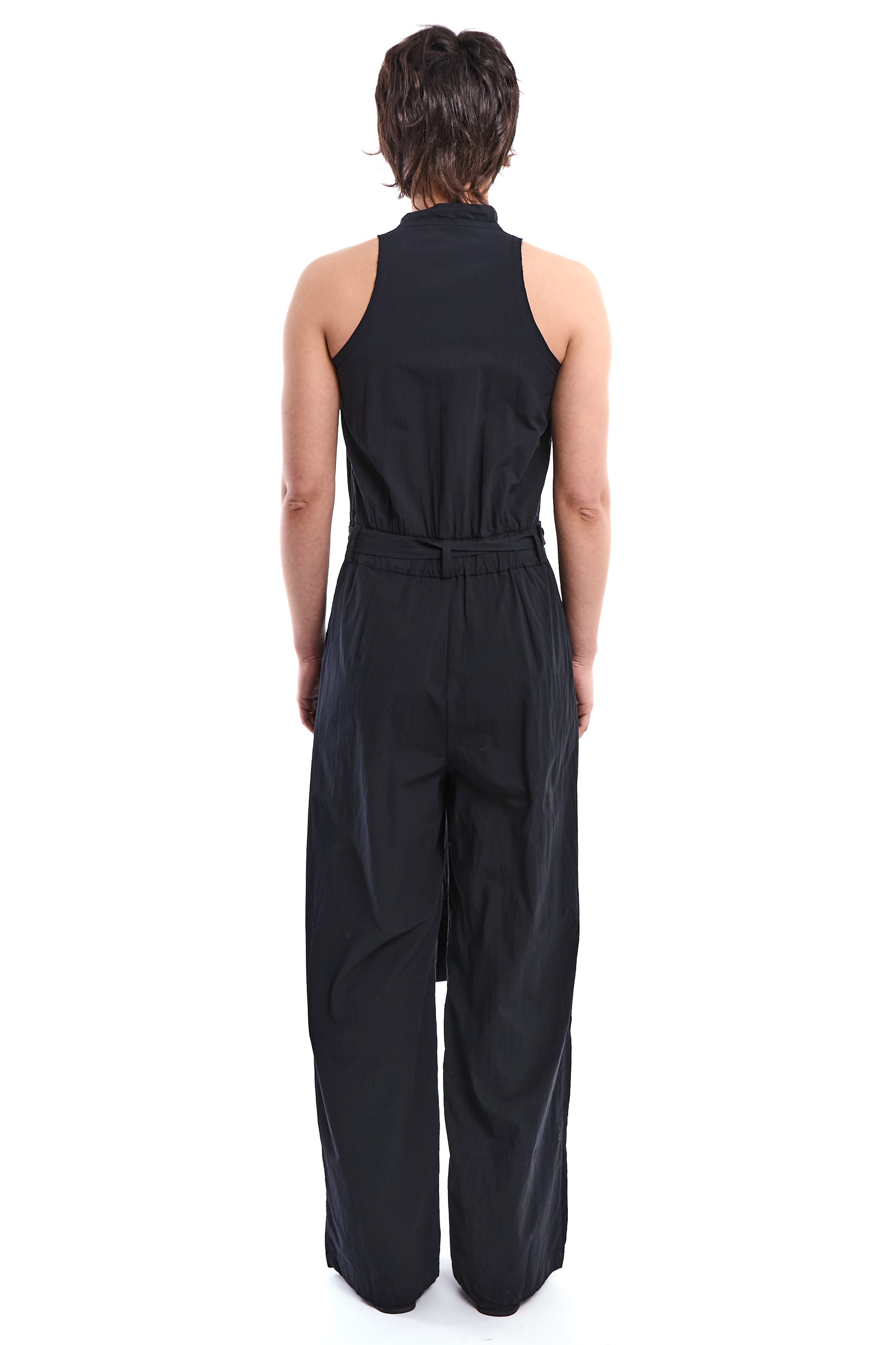 CRINKLE-COTTON BAND-COLLAR JUMPSUIT