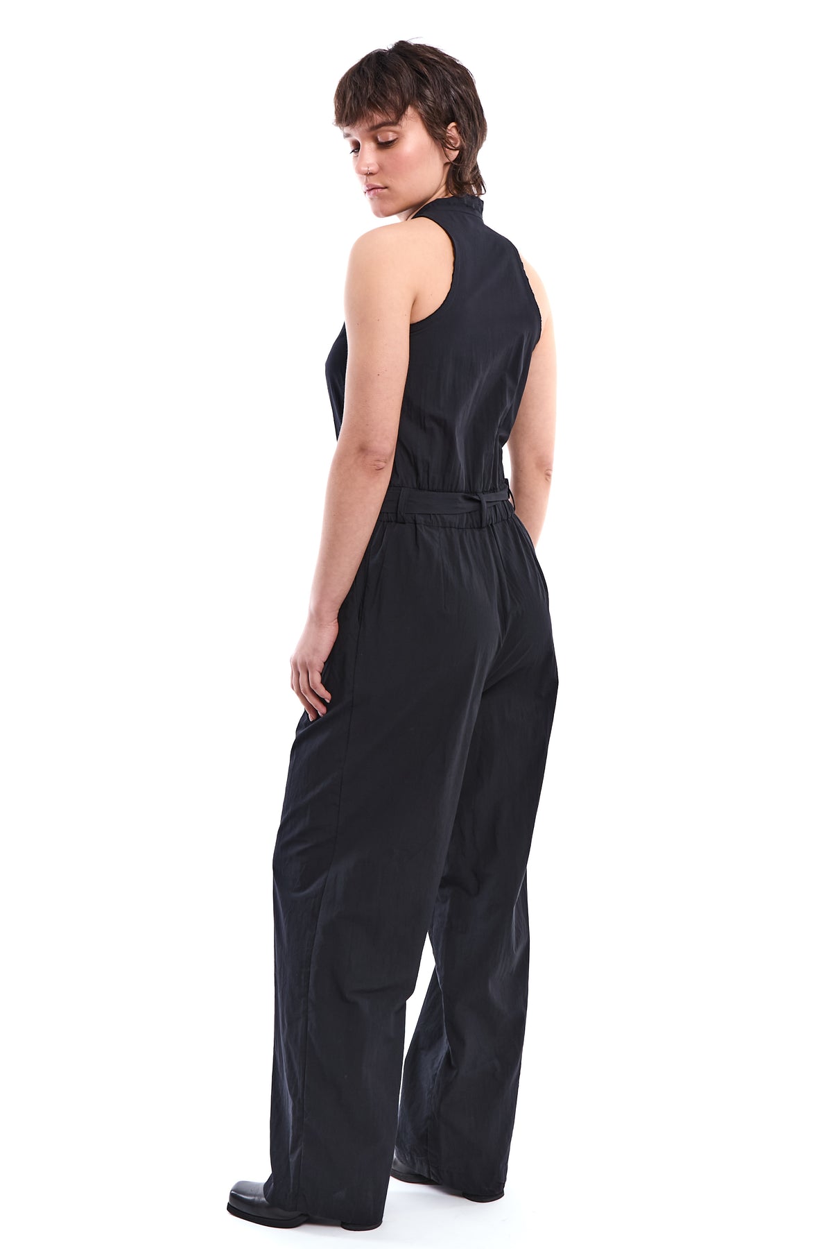 CRINKLE-COTTON BAND-COLLAR JUMPSUIT