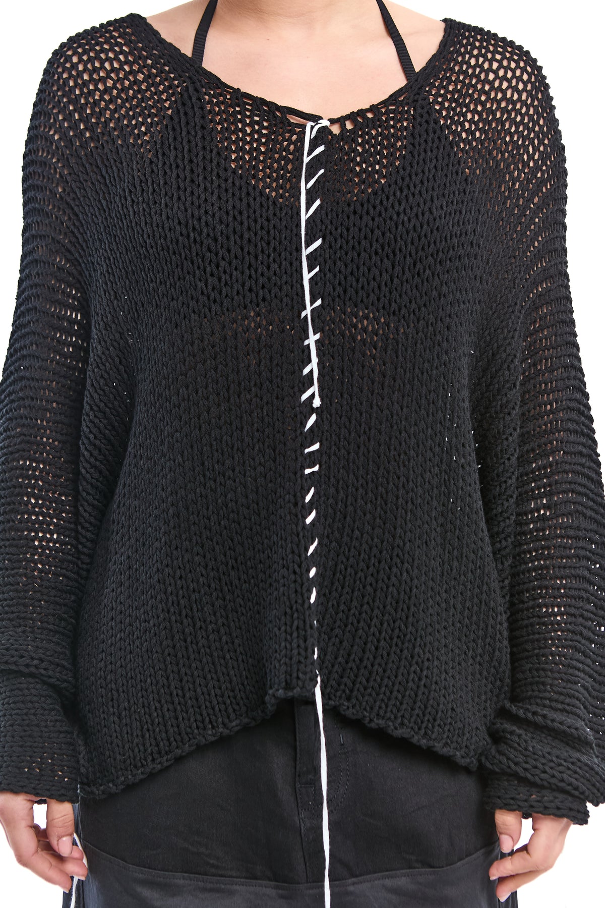 BLACK HAND-STITCHED RELAXED V-NECK KNIT