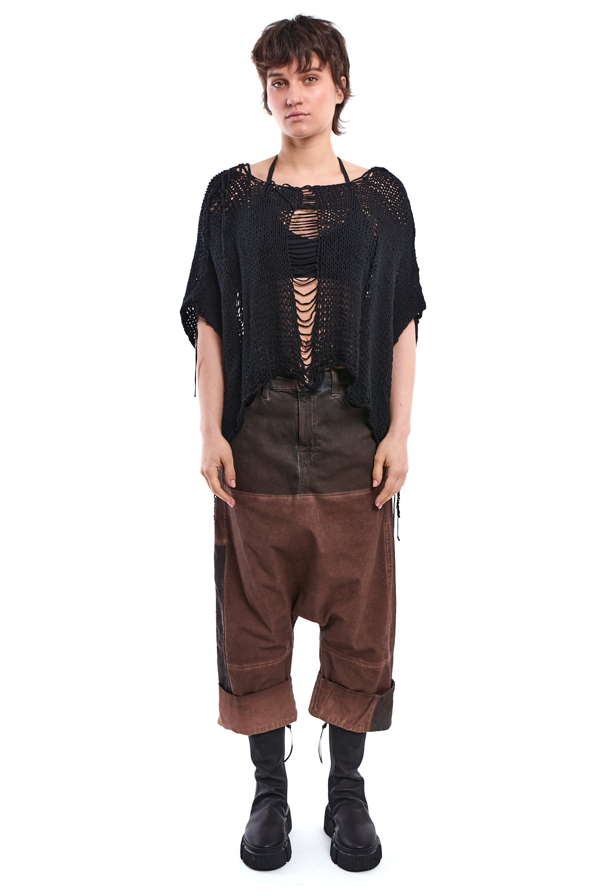 BLACK HAND-KNITTED OVER DISTRESSED SWEATER