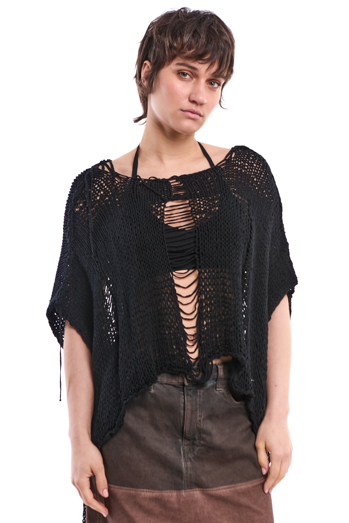 BLACK HAND-KNITTED OVER DISTRESSED SWEATER