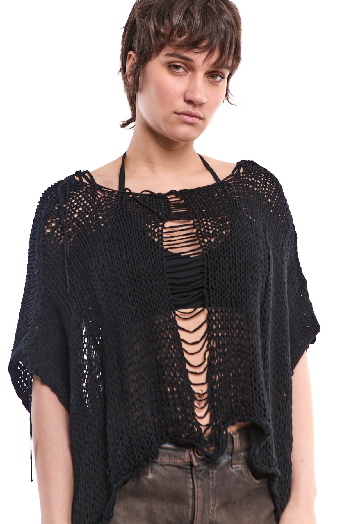 BLACK HAND-KNITTED OVER DISTRESSED SWEATER