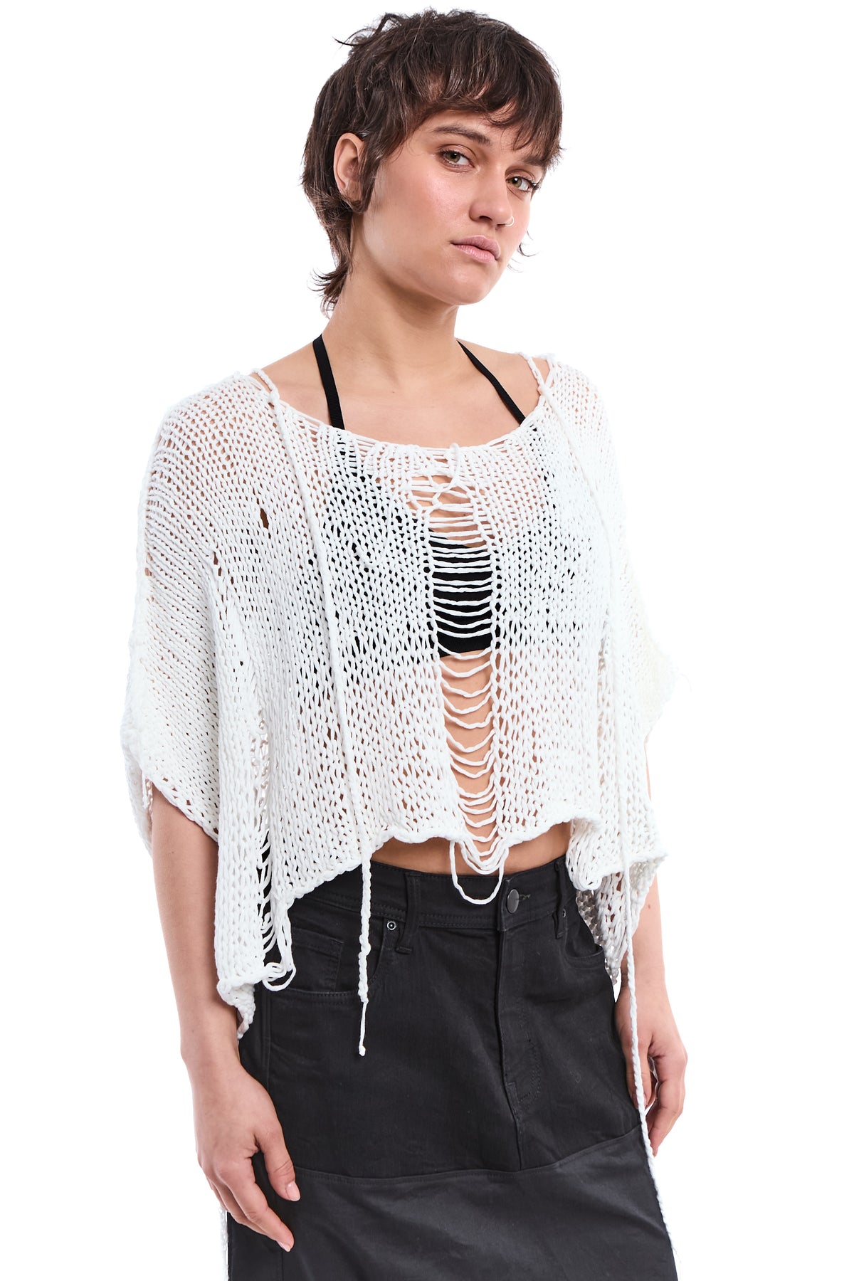 OFF WHITE HAND-KNITTED OVER DISTRESSED SWEATER