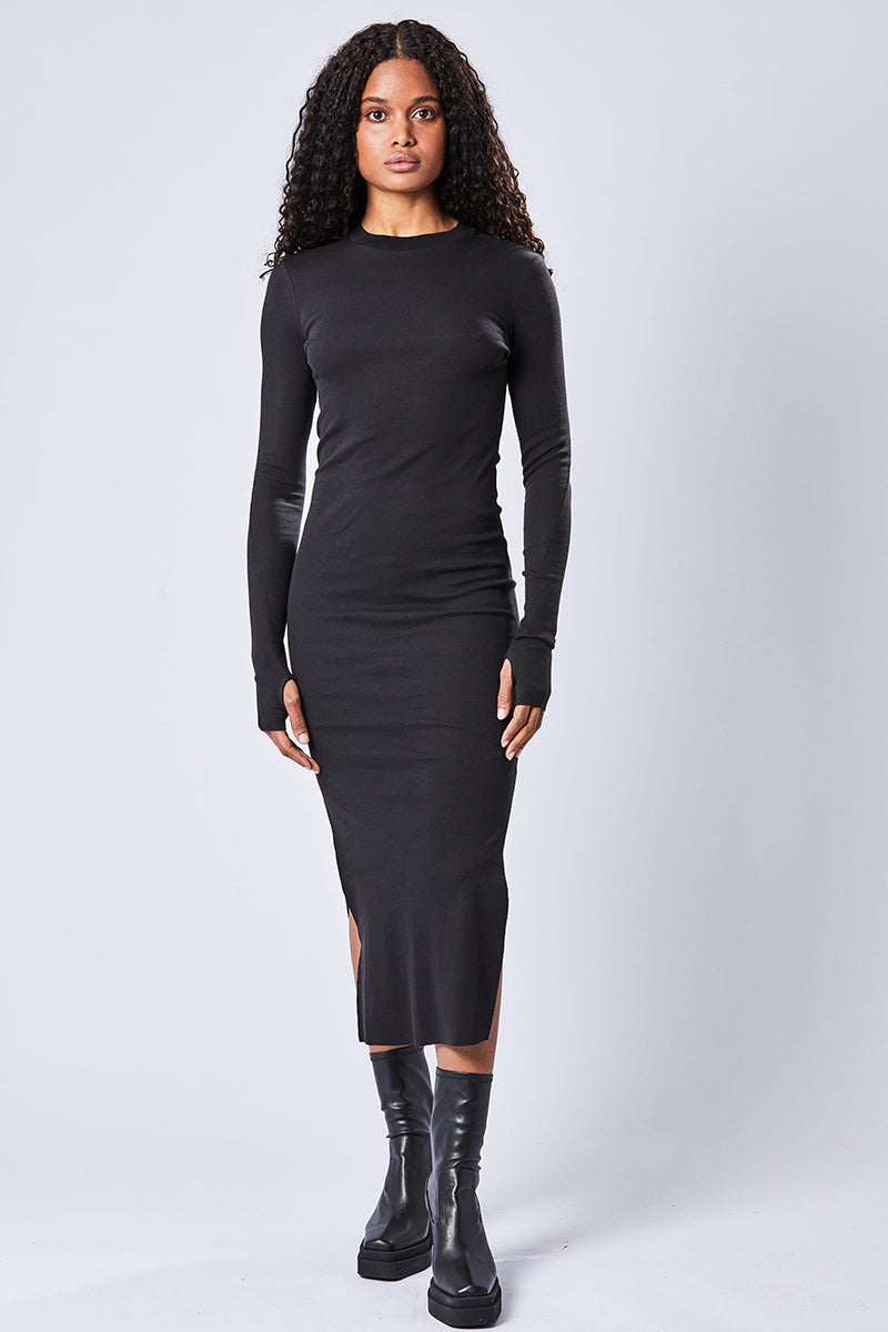 BLACK RIB JERSEY STRETCH DRESS