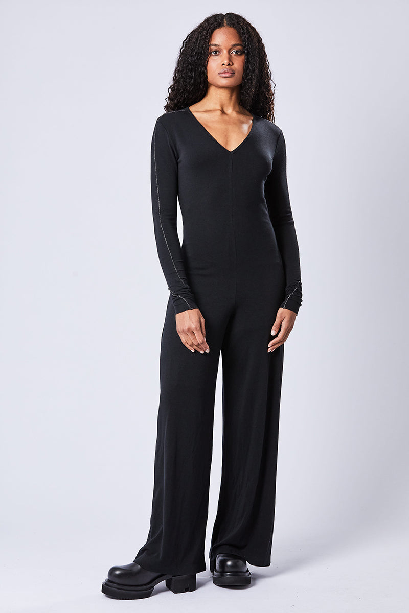BLACK V NECK SOFT JUMPSUIT