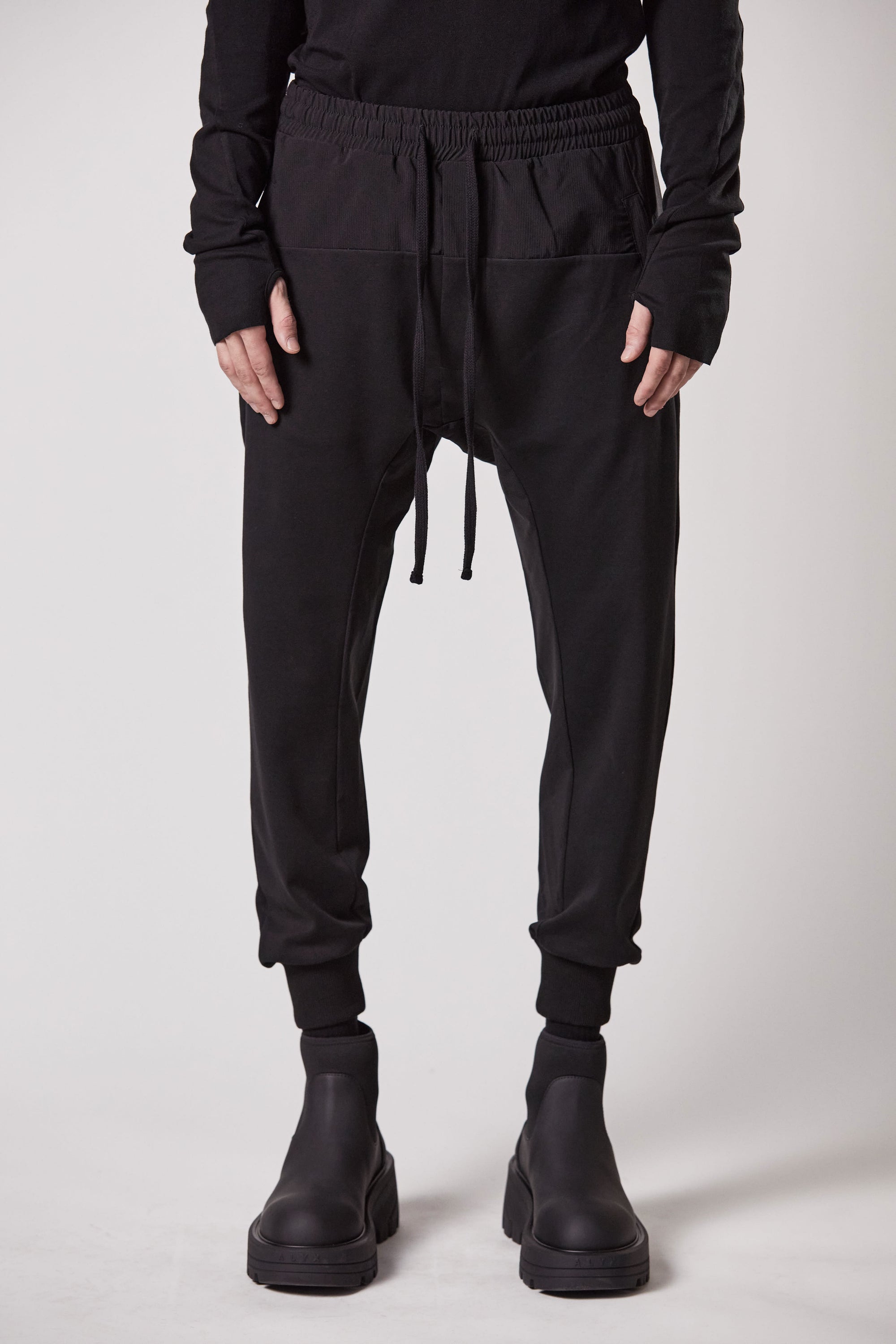 BLACK MATMIX DROP CROTCH TROUSERS