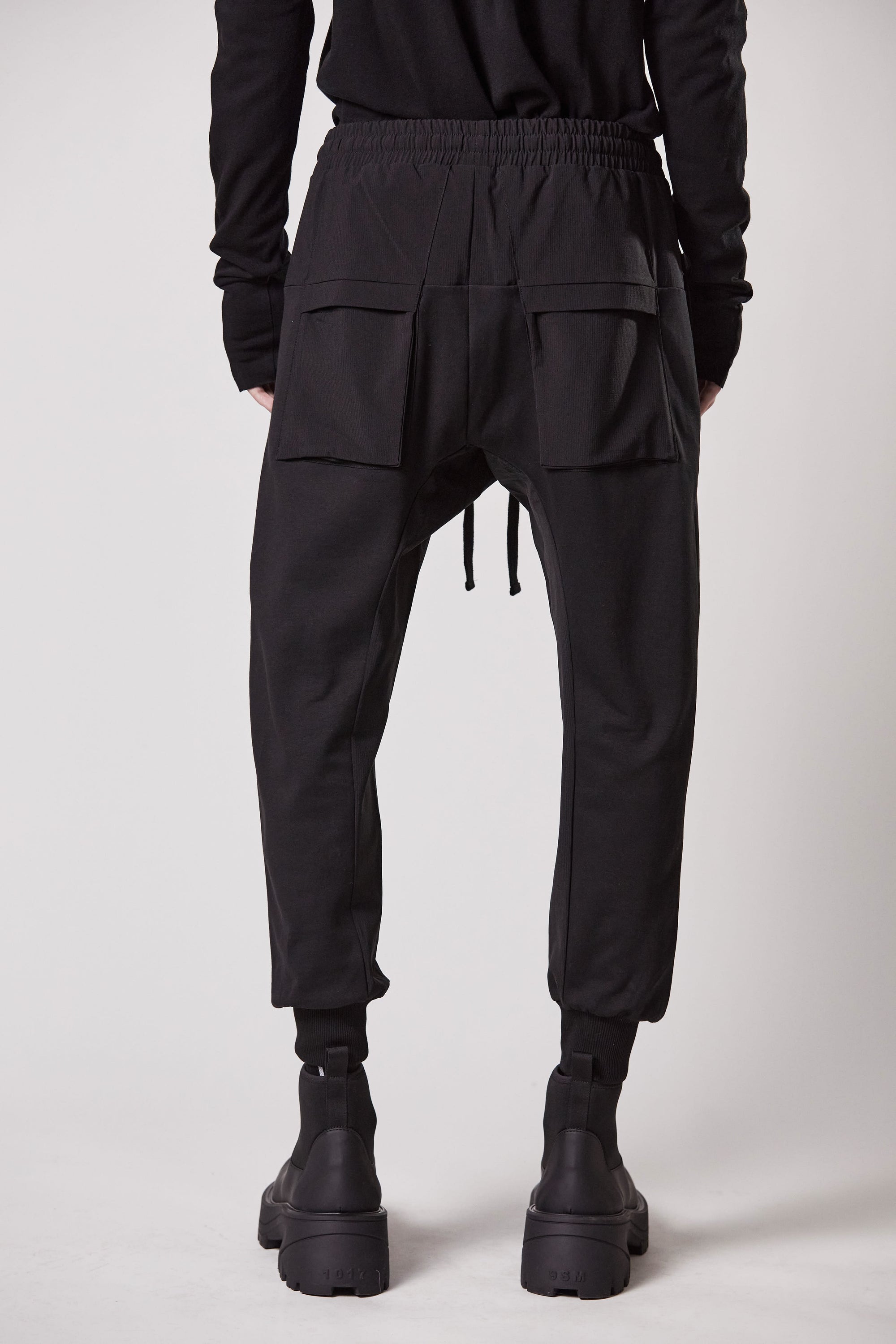 BLACK MATMIX DROP CROTCH TROUSERS