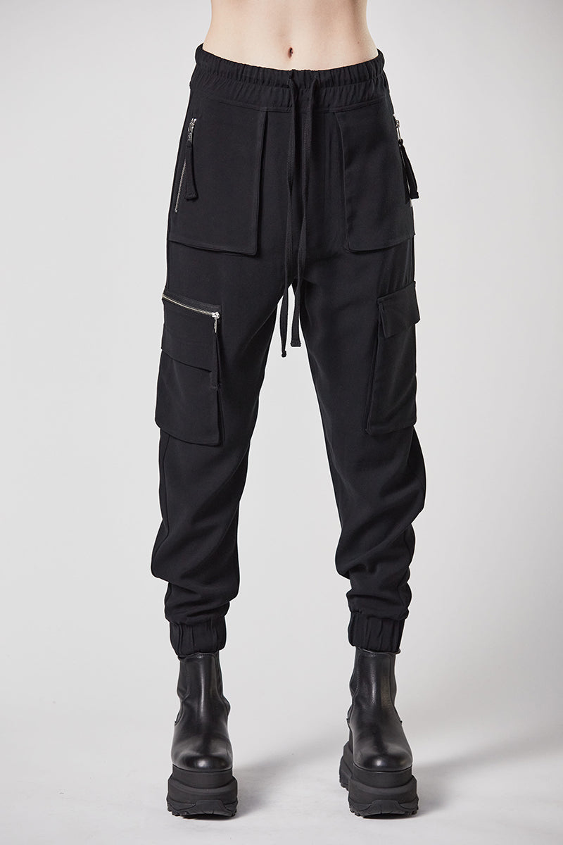 BLACK WOVEN CARGO TROUSERS