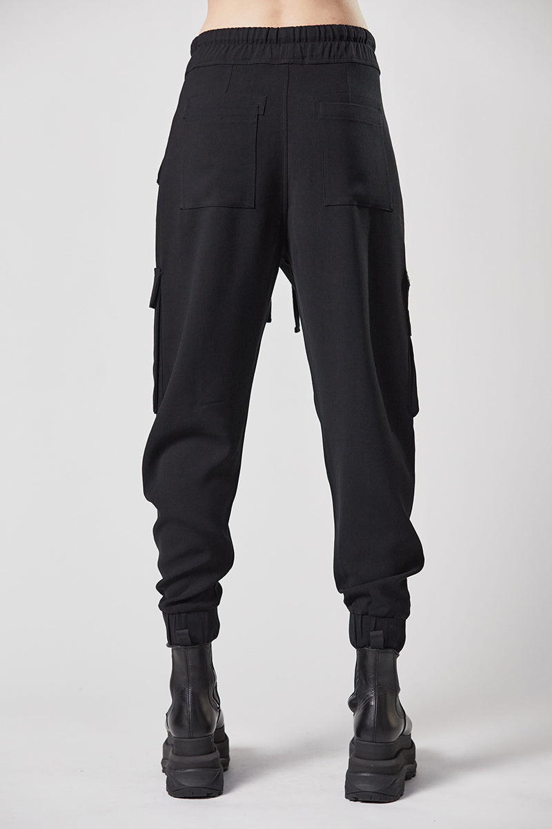 BLACK WOVEN CARGO TROUSERS