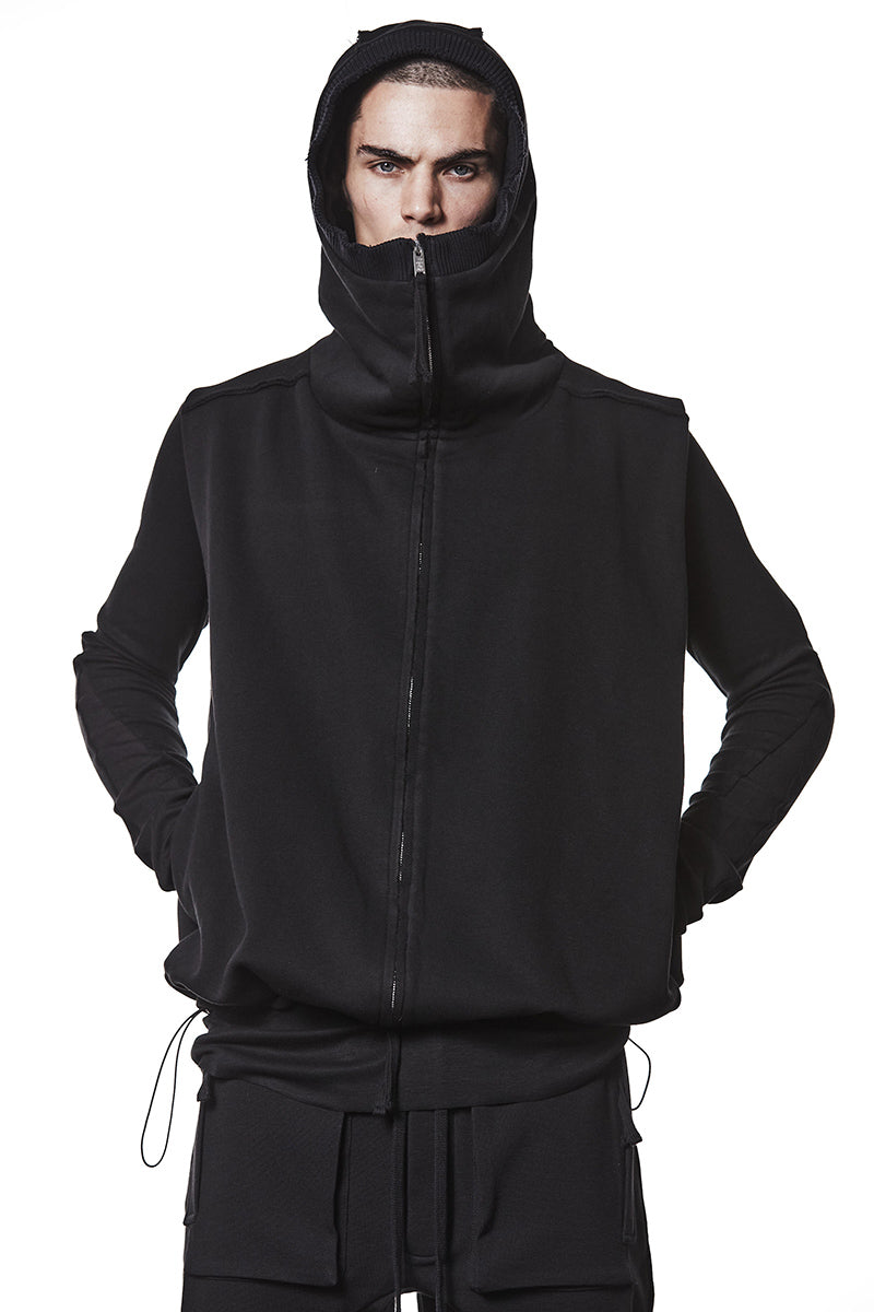 BLACK HOODED LONG VEST