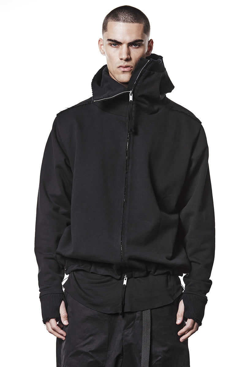 BLACK HIGH NECK HOODED ZIP JACKET