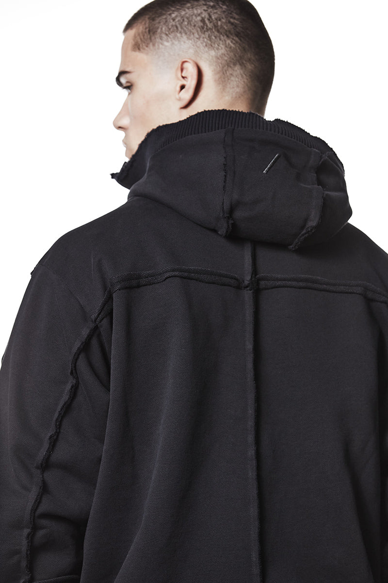 BLACK HIGH NECK HOODED ZIP JACKET