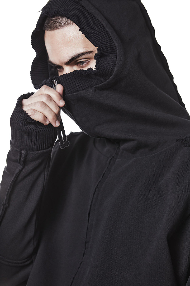 BLACK HIGH NECK HOODED ZIP JACKET